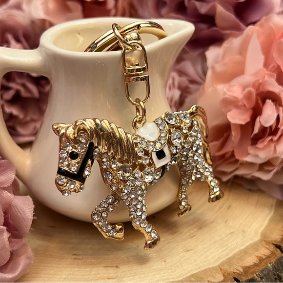 Gold and Crystal Saddled Horse Keychain Charm - Picture 6 of 16